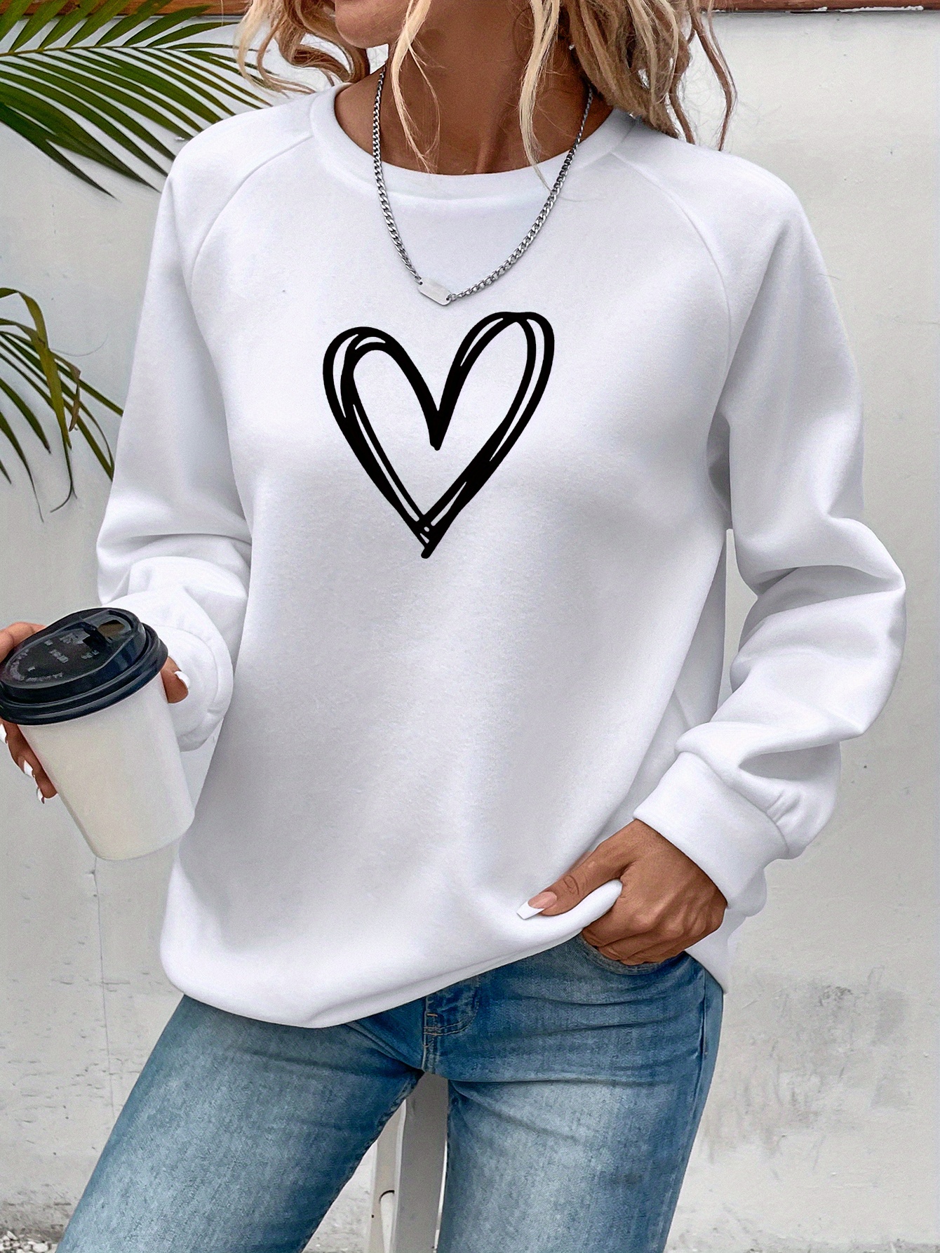 heart print pullover sweatshirt casual long sleeve crew neck sweatshirt for spring fall womens clothing details 0