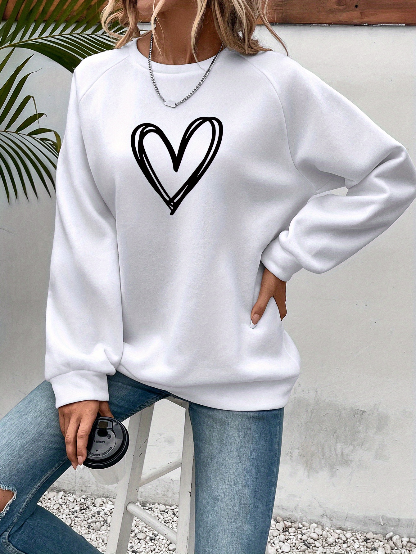 heart print pullover sweatshirt casual long sleeve crew neck sweatshirt for spring fall womens clothing details 1