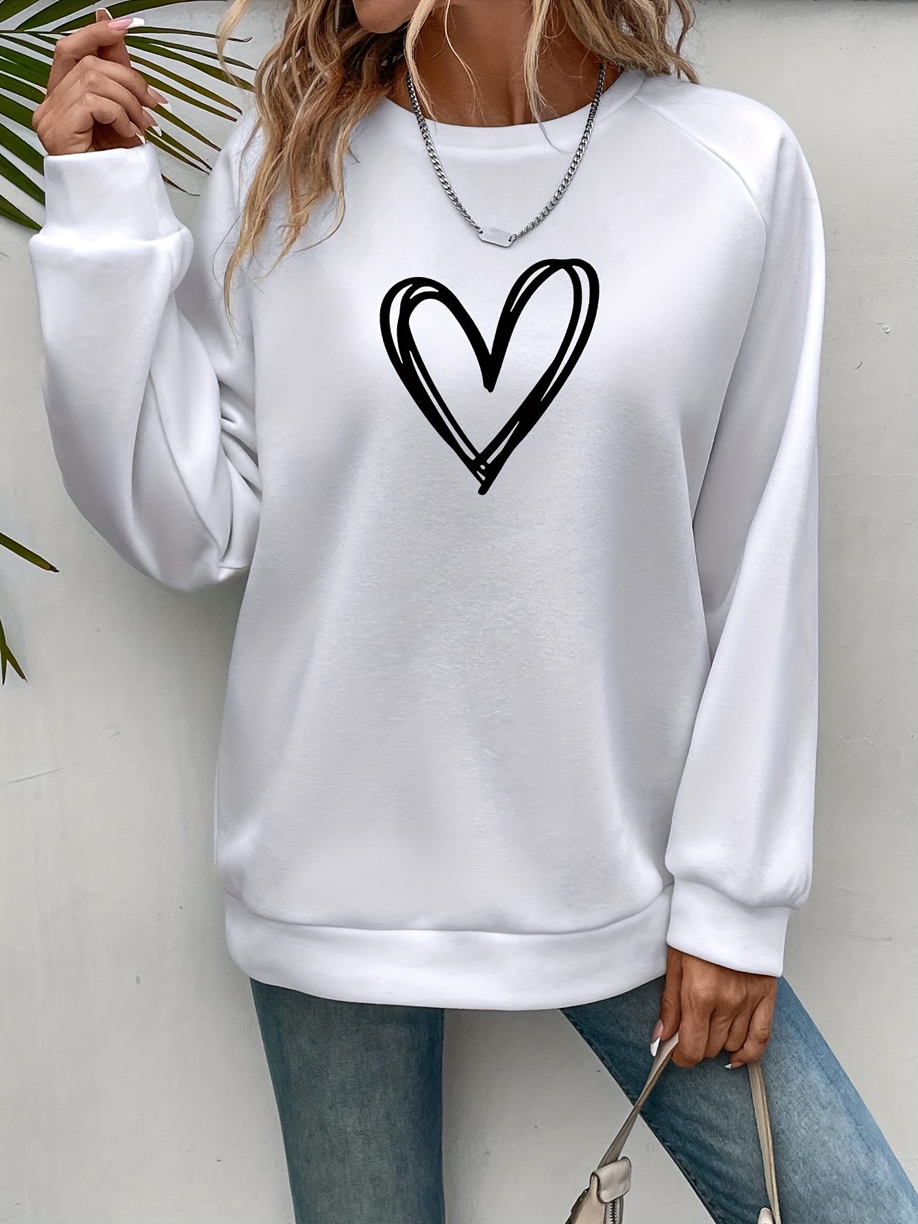 heart print pullover sweatshirt casual long sleeve crew neck sweatshirt for spring fall womens clothing details 2