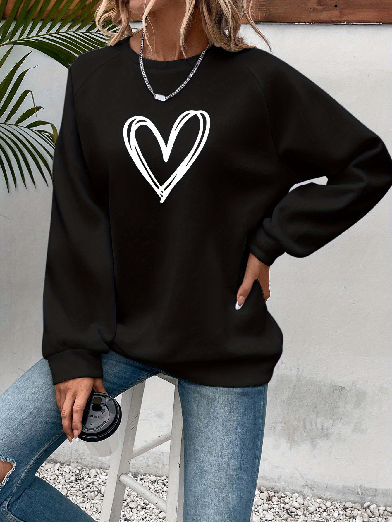 heart print pullover sweatshirt casual long sleeve crew neck sweatshirt for spring fall womens clothing details 3