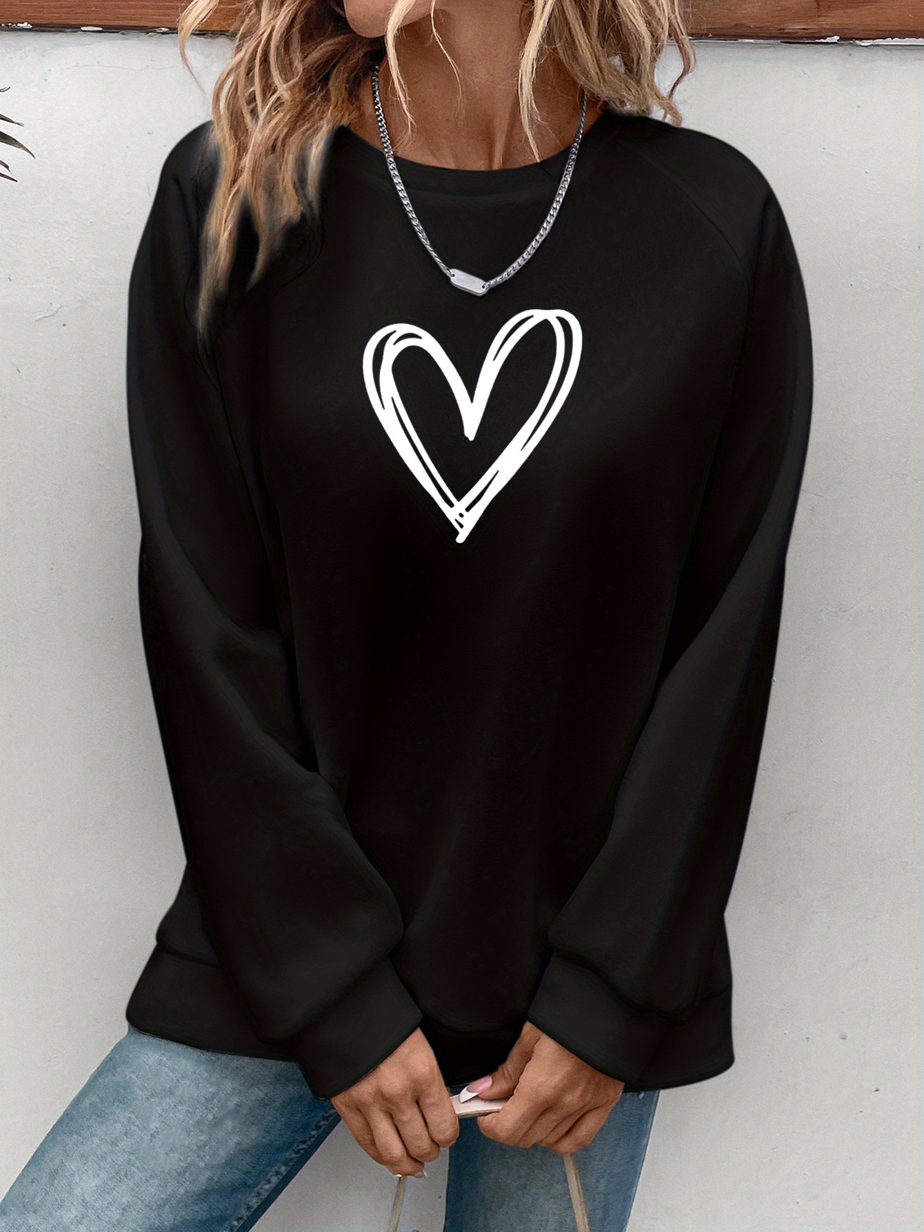 heart print pullover sweatshirt casual long sleeve crew neck sweatshirt for spring fall womens clothing details 4