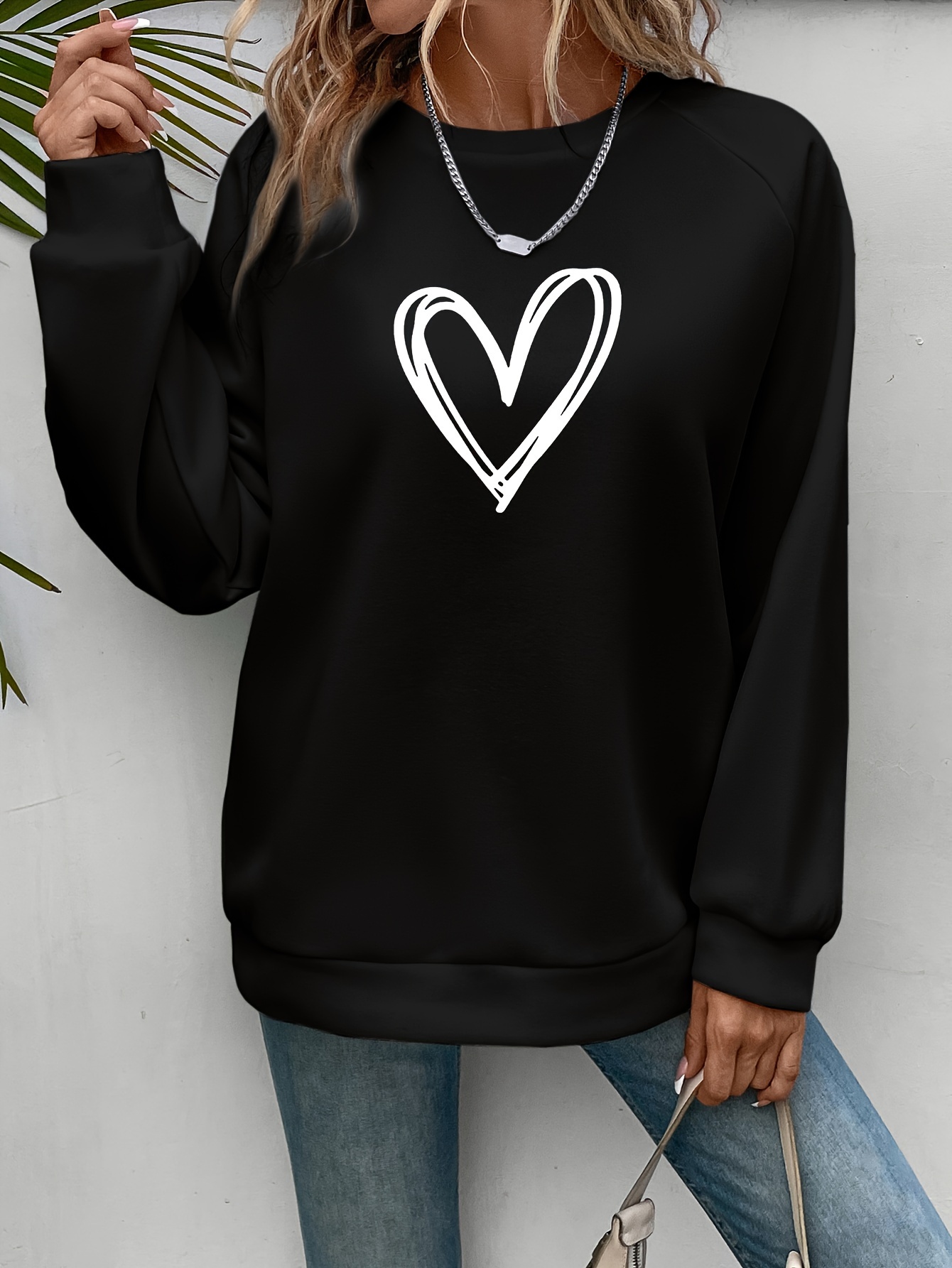 heart print pullover sweatshirt casual long sleeve crew neck sweatshirt for spring fall womens clothing details 5