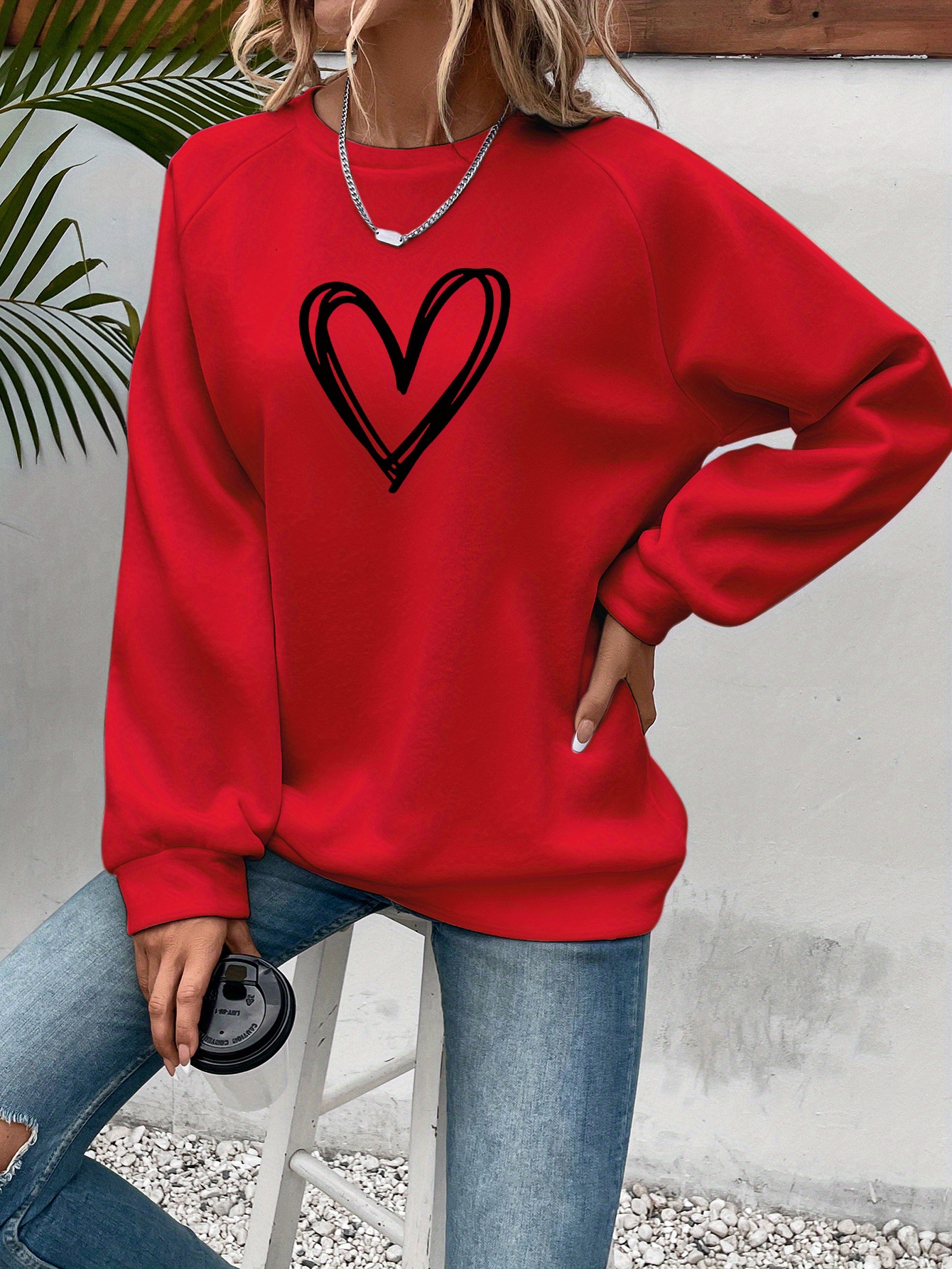 heart print pullover sweatshirt casual long sleeve crew neck sweatshirt for spring fall womens clothing details 6