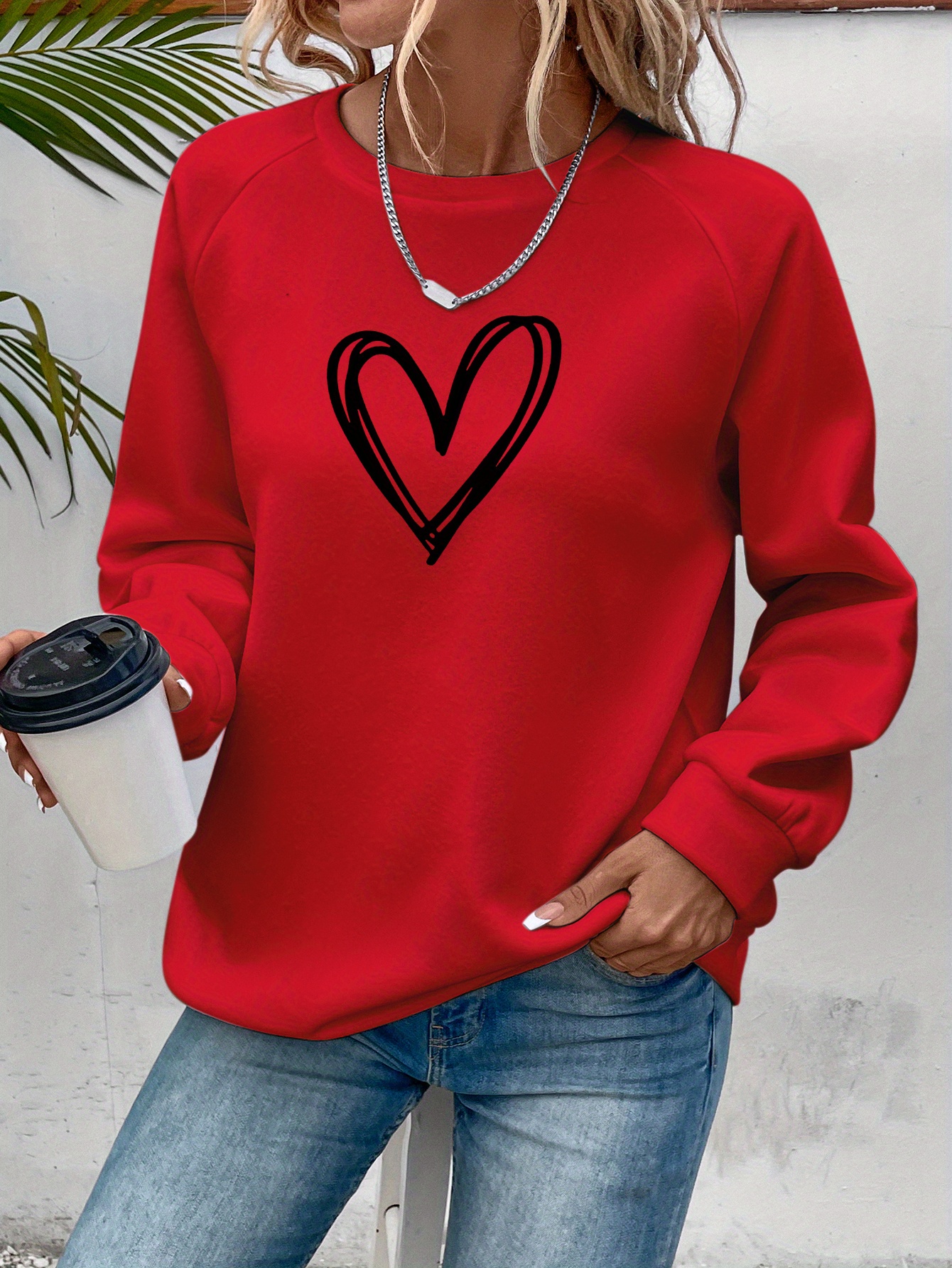 heart print pullover sweatshirt casual long sleeve crew neck sweatshirt for spring fall womens clothing details 7