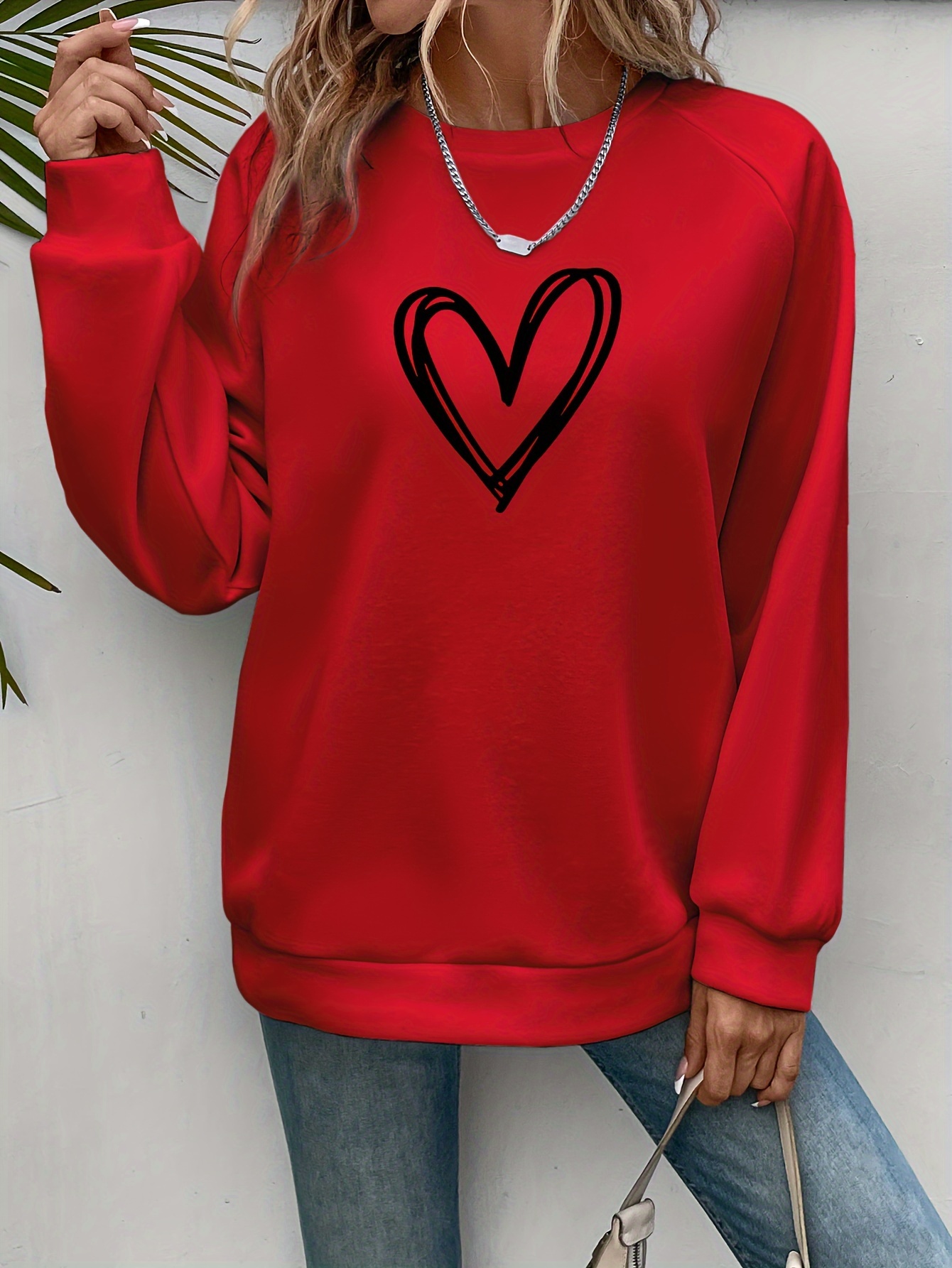 heart print pullover sweatshirt casual long sleeve crew neck sweatshirt for spring fall womens clothing details 8