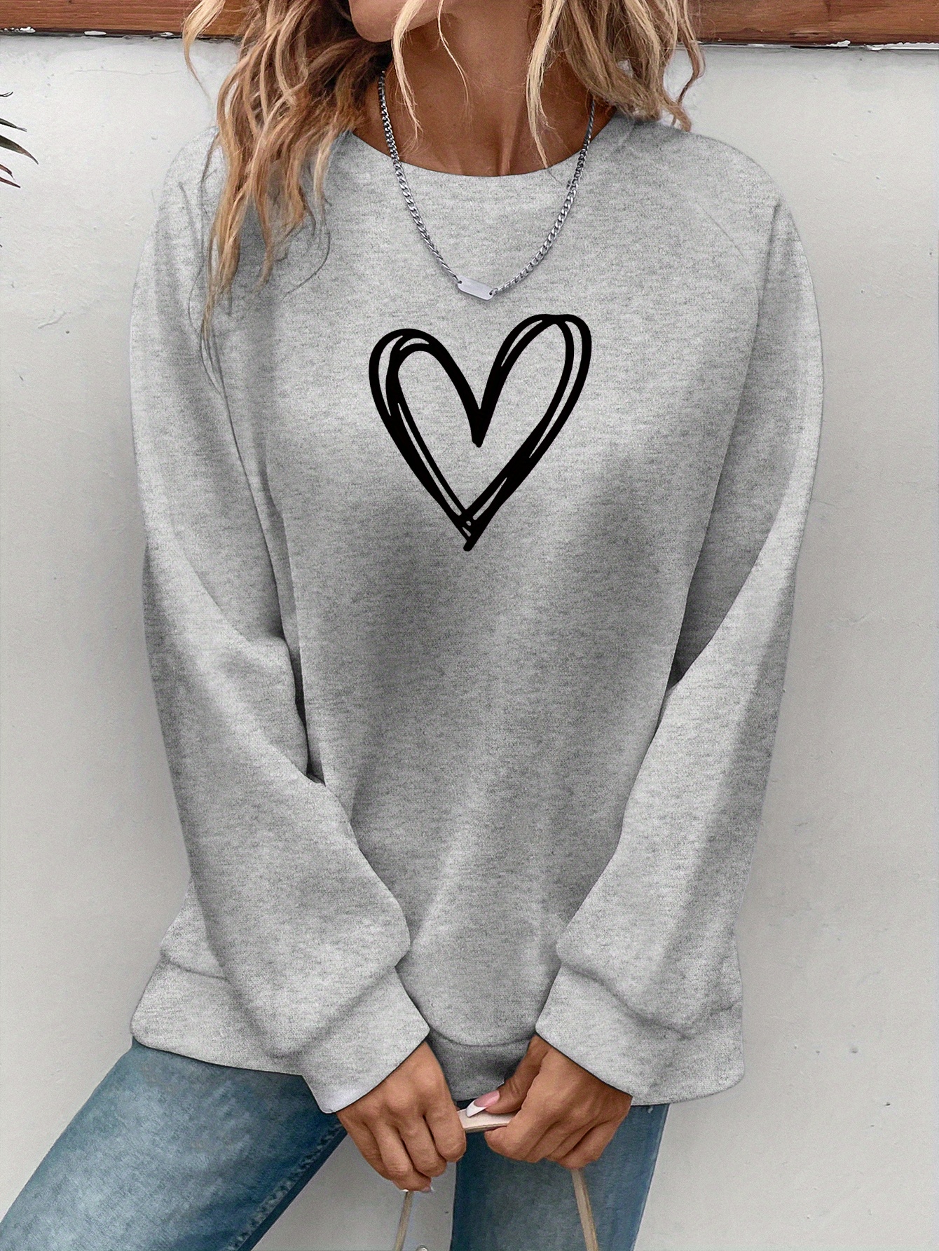 heart print pullover sweatshirt casual long sleeve crew neck sweatshirt for spring fall womens clothing details 9