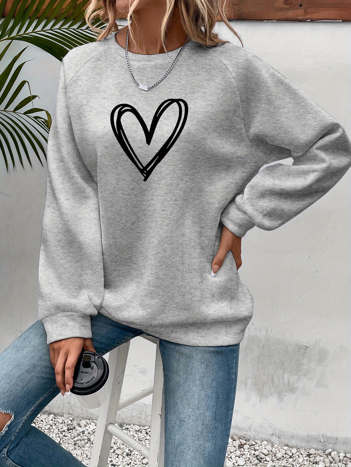 heart print pullover sweatshirt casual long sleeve crew neck sweatshirt for spring fall womens clothing details 10