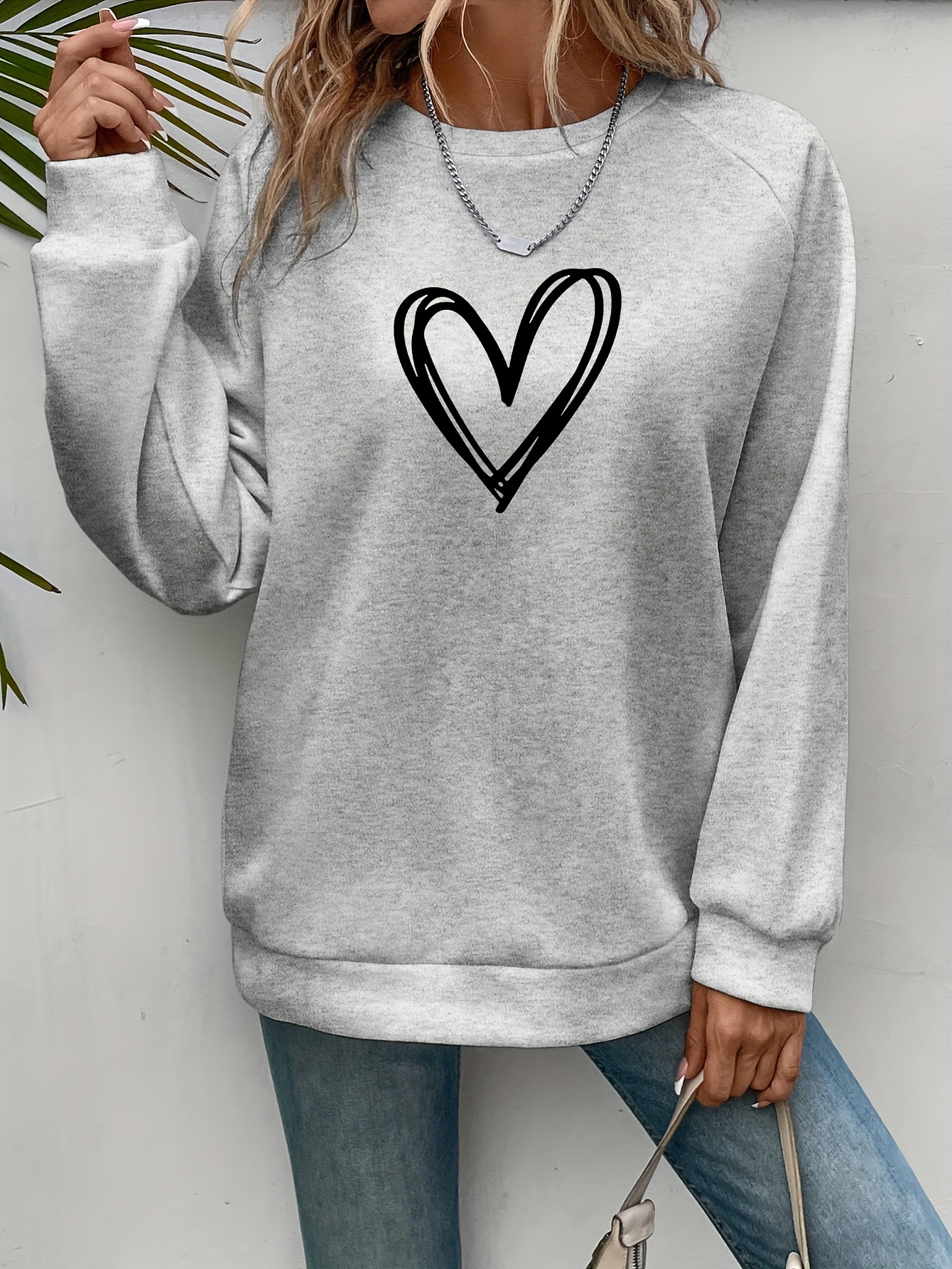 heart print pullover sweatshirt casual long sleeve crew neck sweatshirt for spring fall womens clothing details 11