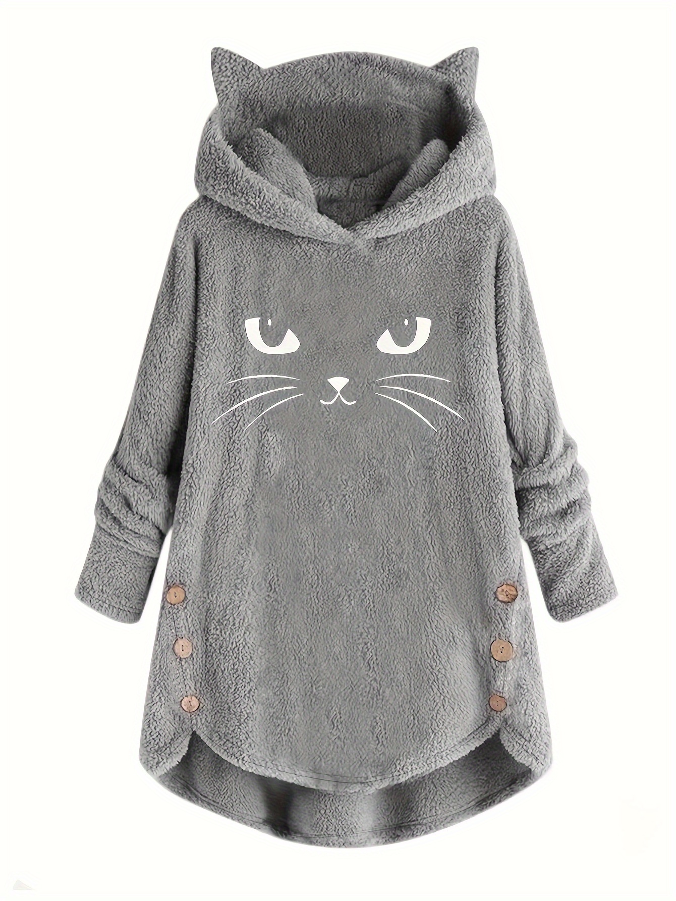 cat print dipped hem plush hoodie casual long sleeve button hoodie sweatshirt womens clothing details 0