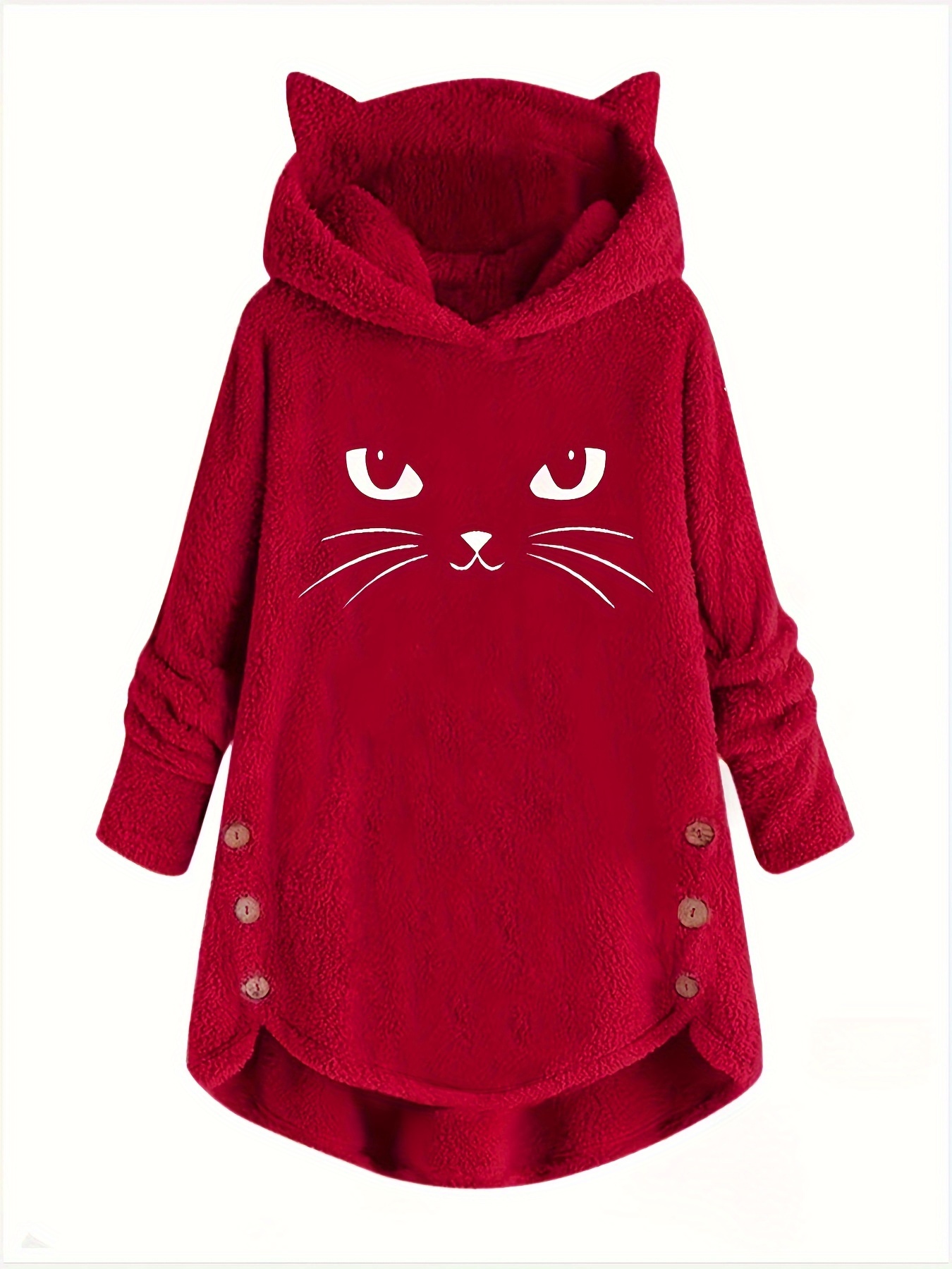 cat print dipped hem plush hoodie casual long sleeve button hoodie sweatshirt womens clothing details 9