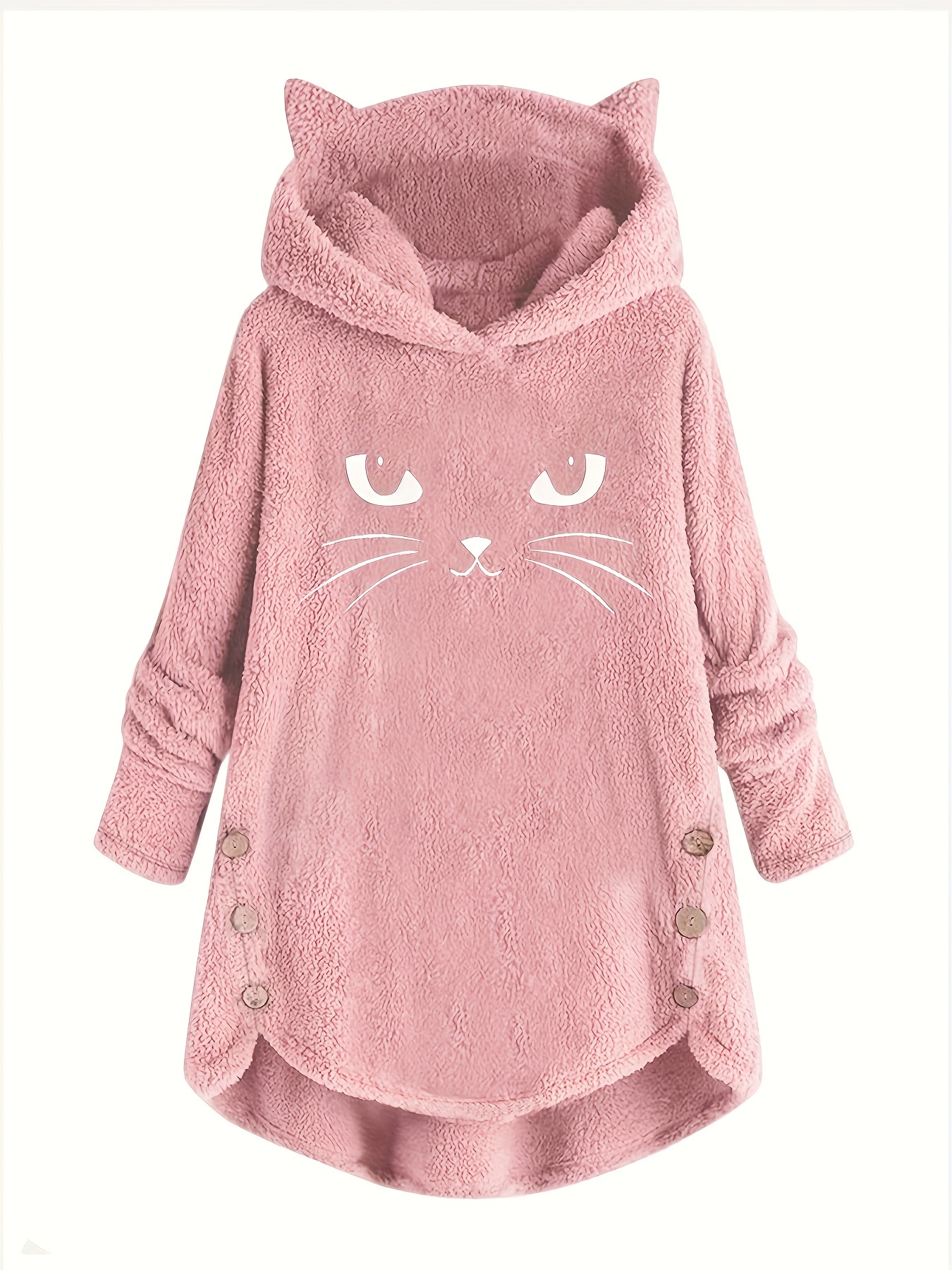 cat print dipped hem plush hoodie casual long sleeve button hoodie sweatshirt womens clothing details 13