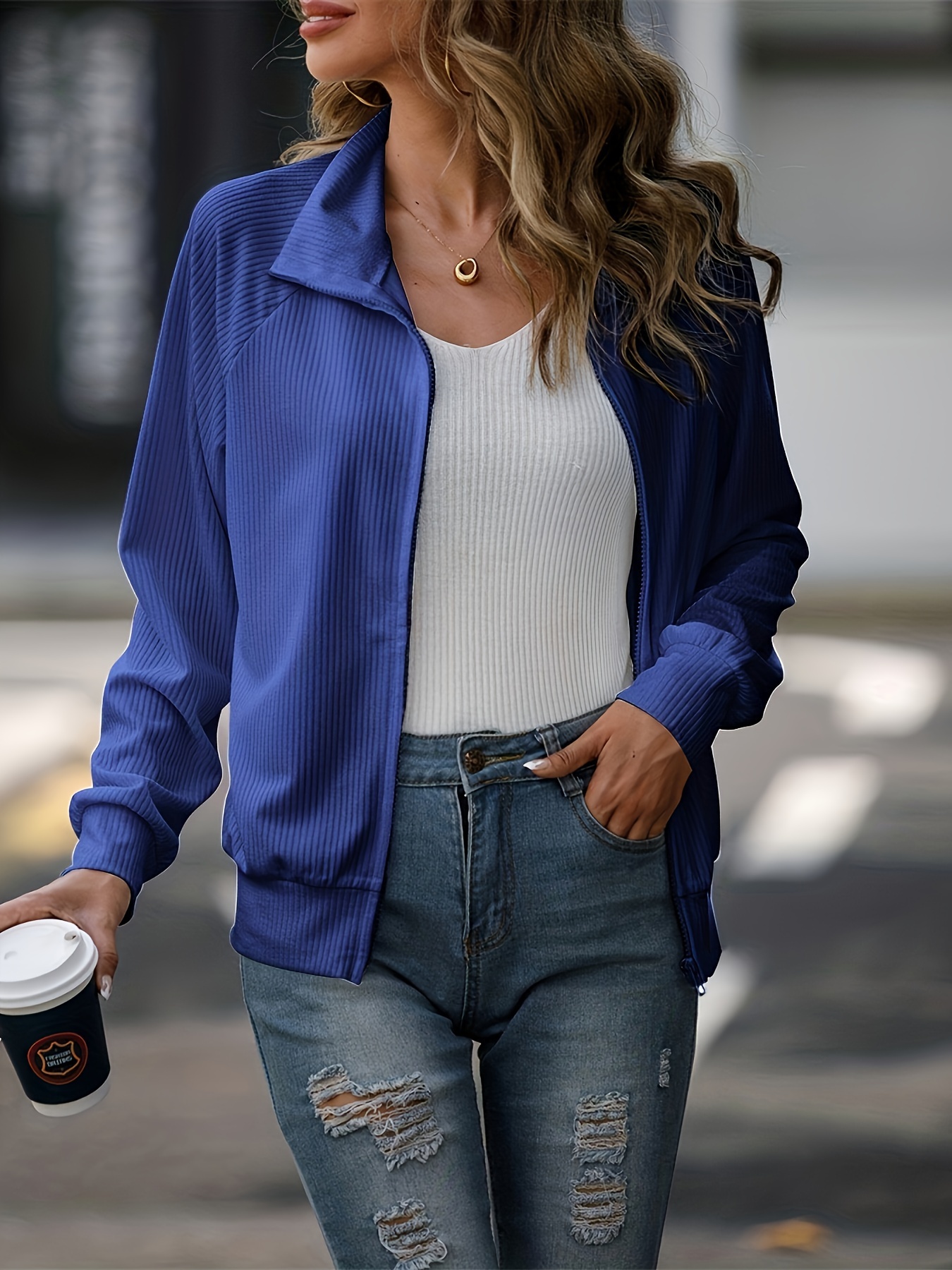 solid zip up lapel sweatshirt casual raglan sleeve jacket for fall winter womens clothing details 2