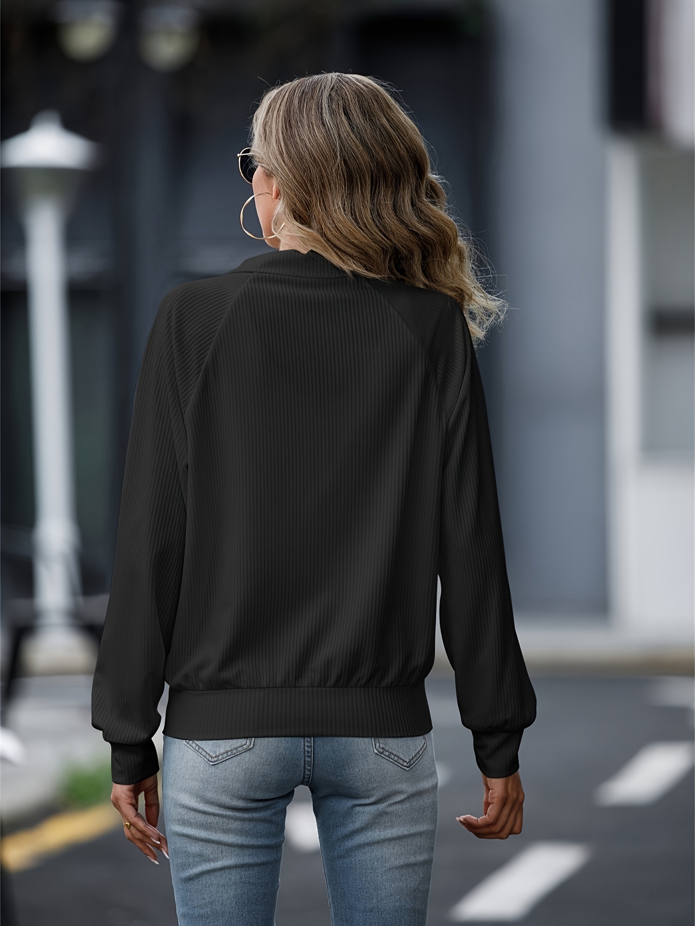 solid zip up lapel sweatshirt casual raglan sleeve jacket for fall winter womens clothing details 6