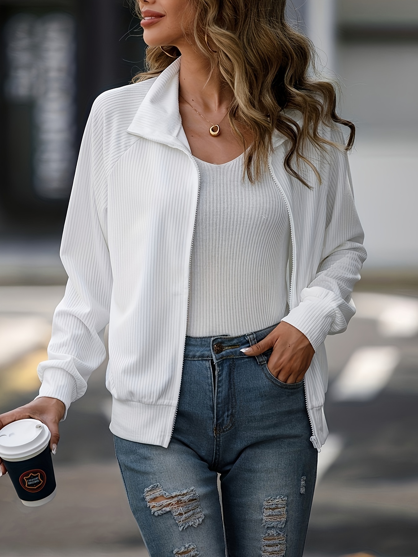 solid zip up lapel sweatshirt casual raglan sleeve jacket for fall winter womens clothing details 13