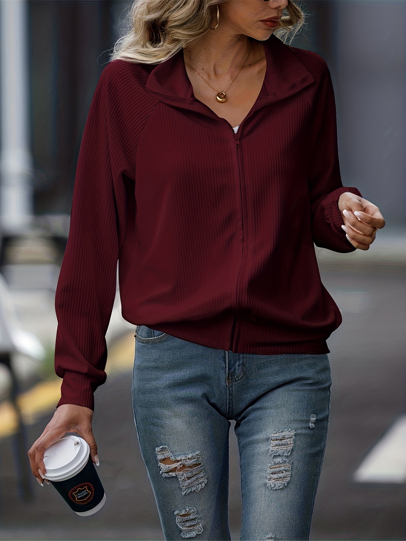 solid zip up lapel sweatshirt casual raglan sleeve jacket for fall winter womens clothing details 15