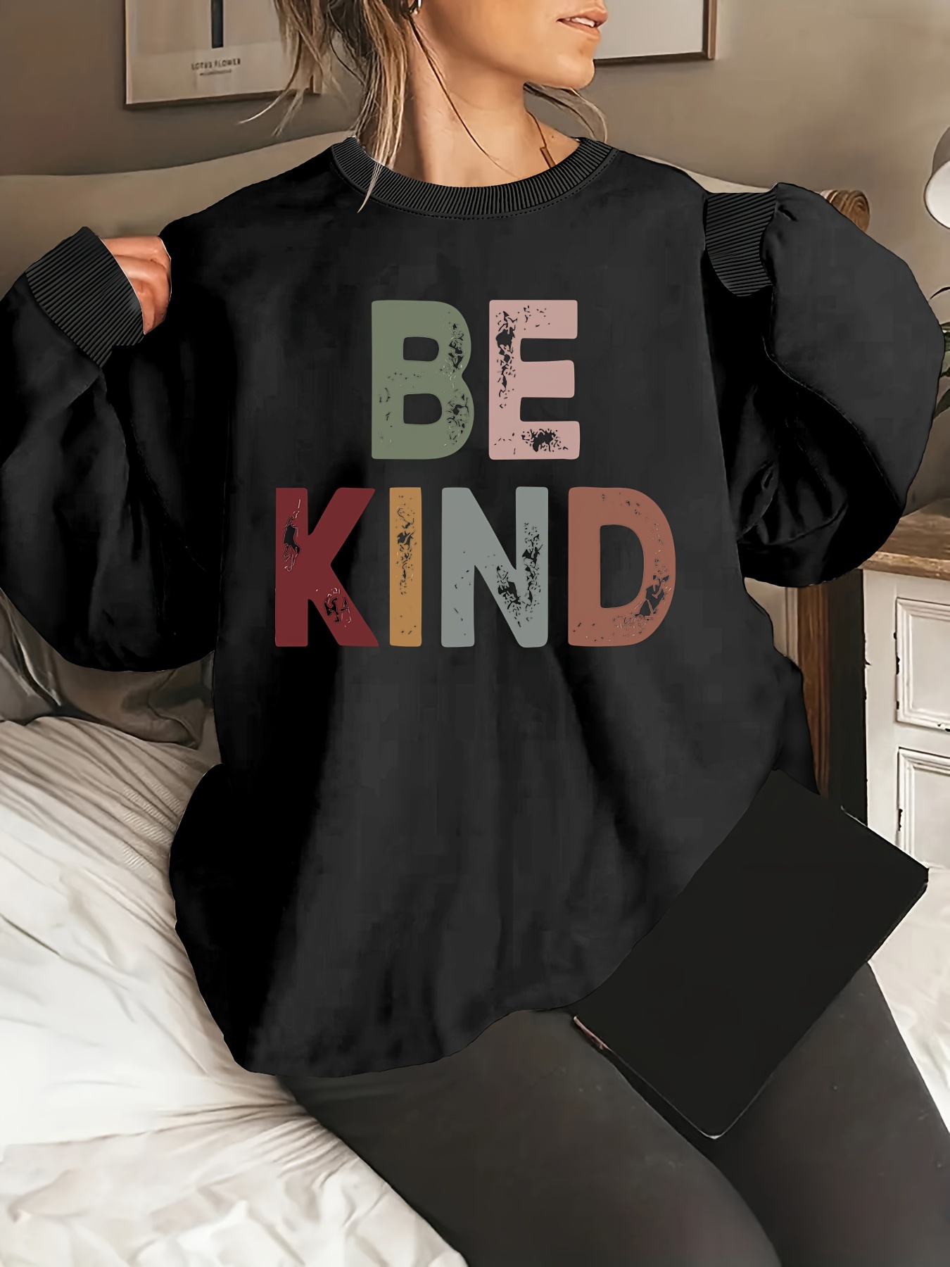 be kind letter print sweatshirt casual crew neck long sleeve sweatshirt womens clothing details 0