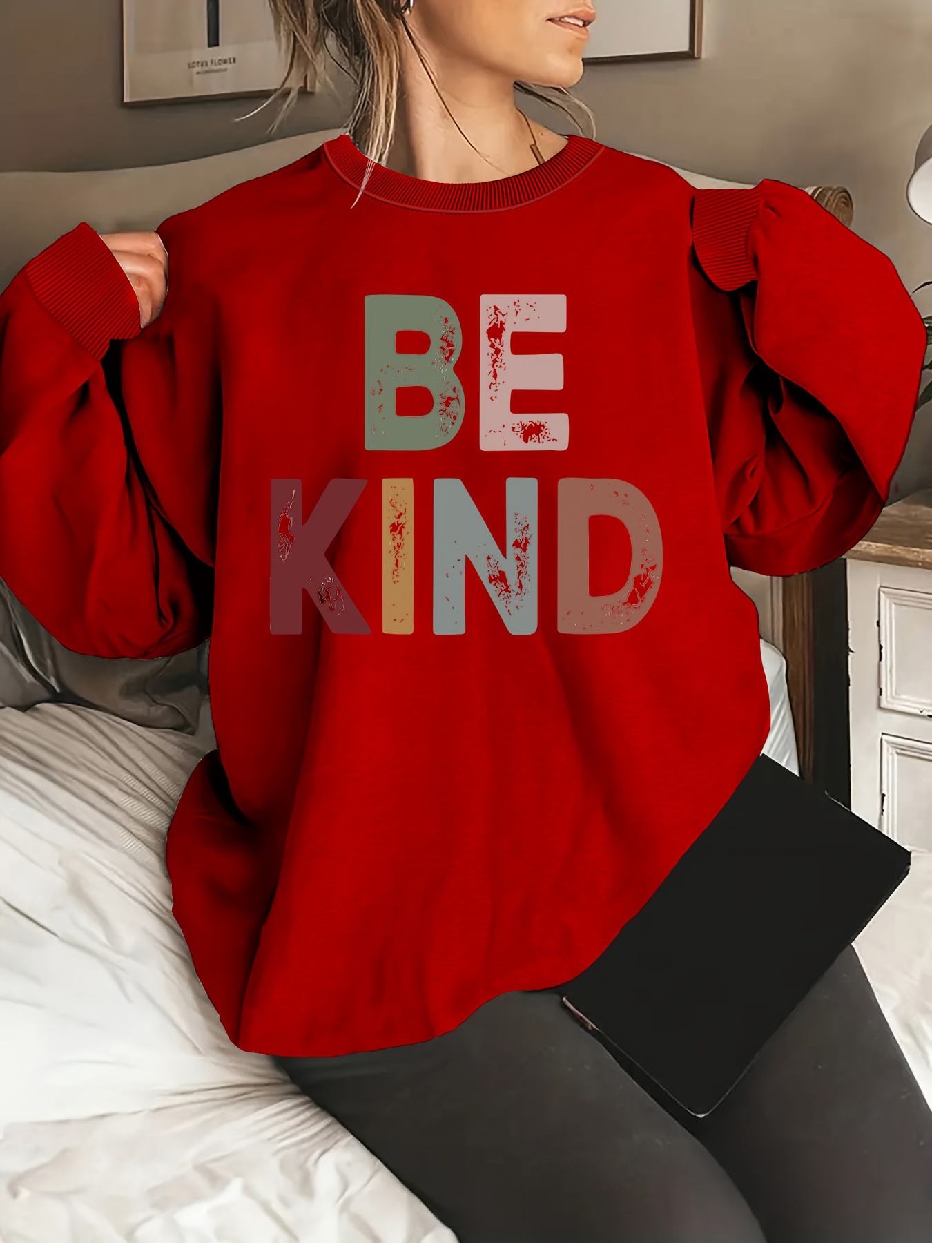 be kind letter print sweatshirt casual crew neck long sleeve sweatshirt womens clothing details 5