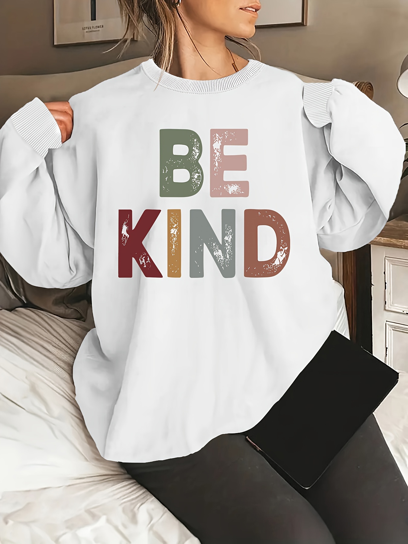 be kind letter print sweatshirt casual crew neck long sleeve sweatshirt womens clothing details 9