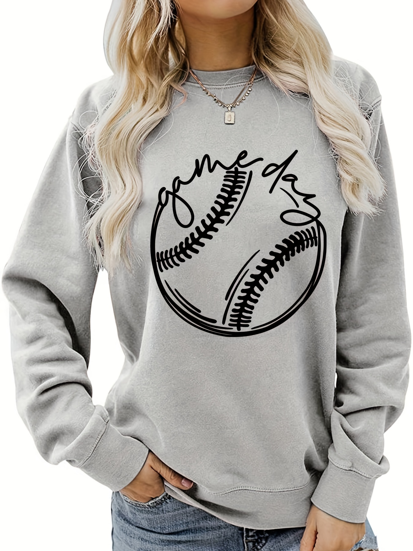 baseball print pullover sweatshirt casual long sleeve crew neck sweatshirt for fall winter womens clothing details 5