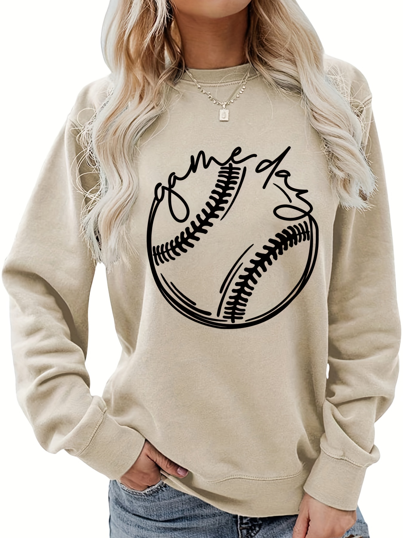 baseball print pullover sweatshirt casual long sleeve crew neck sweatshirt for fall winter womens clothing details 11