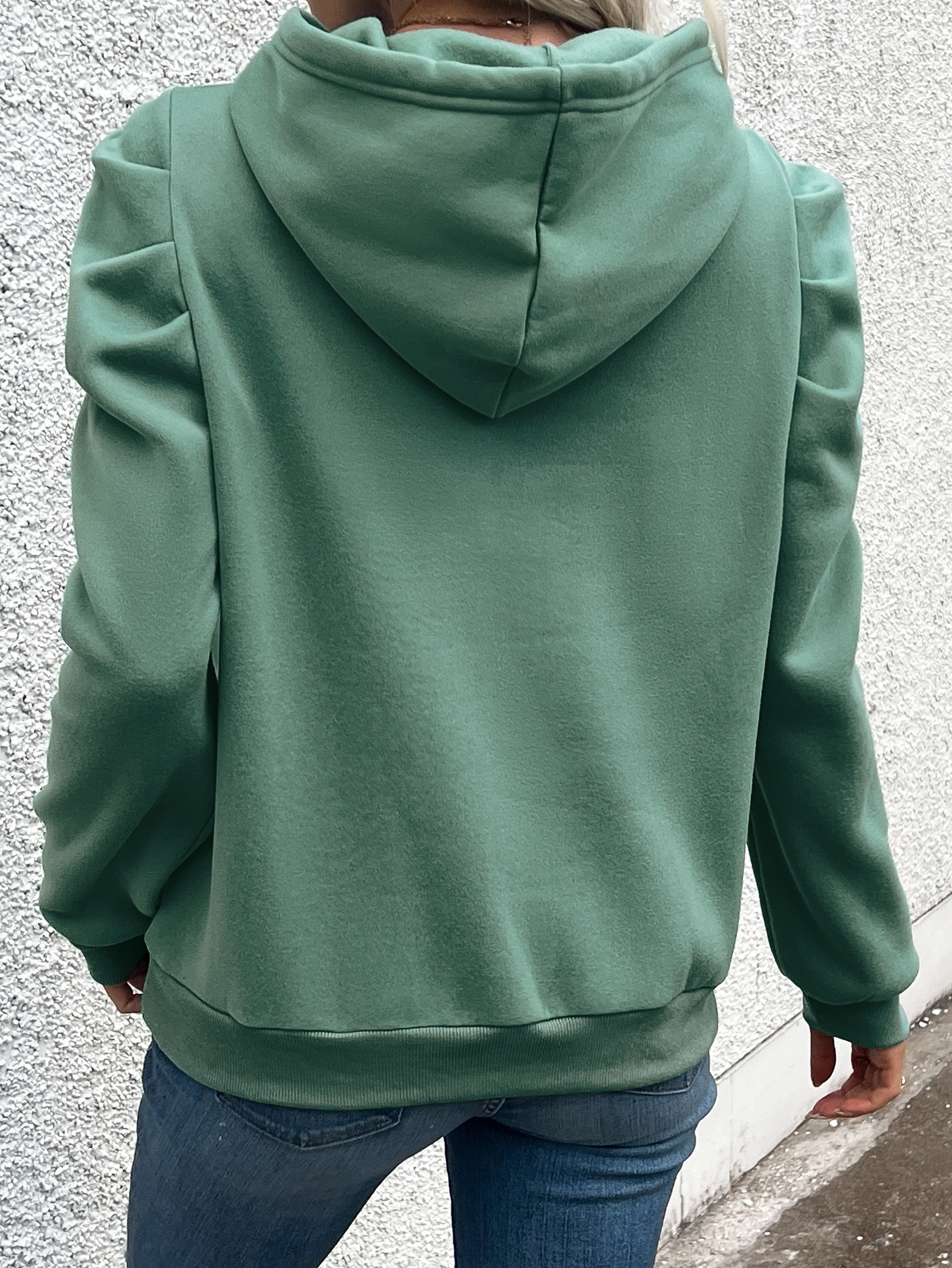 solid color drawstring hoodie casual puff sleeve hoodie sweatshirt womens clothing details 1