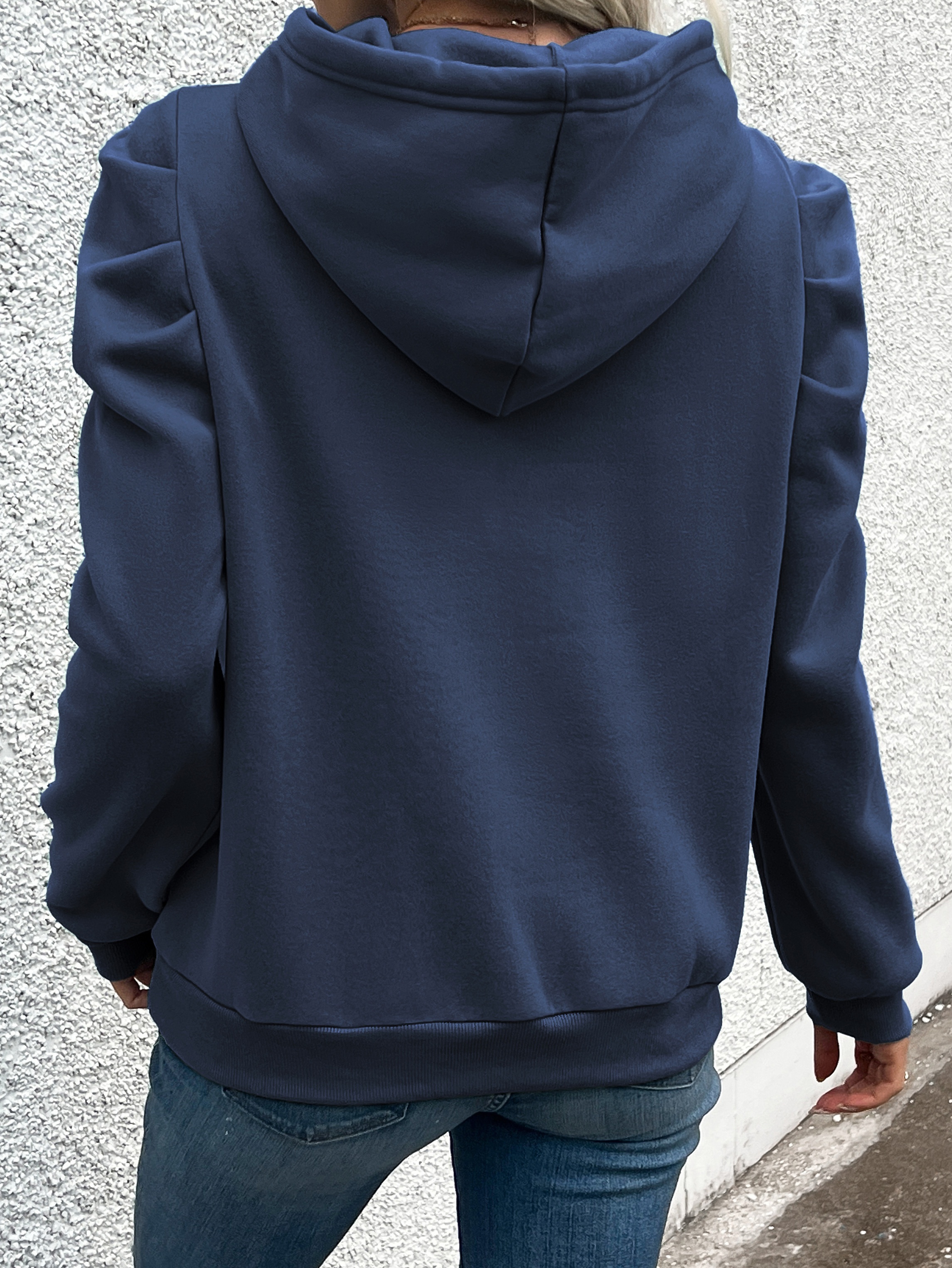 solid color drawstring hoodie casual puff sleeve hoodie sweatshirt womens clothing details 5