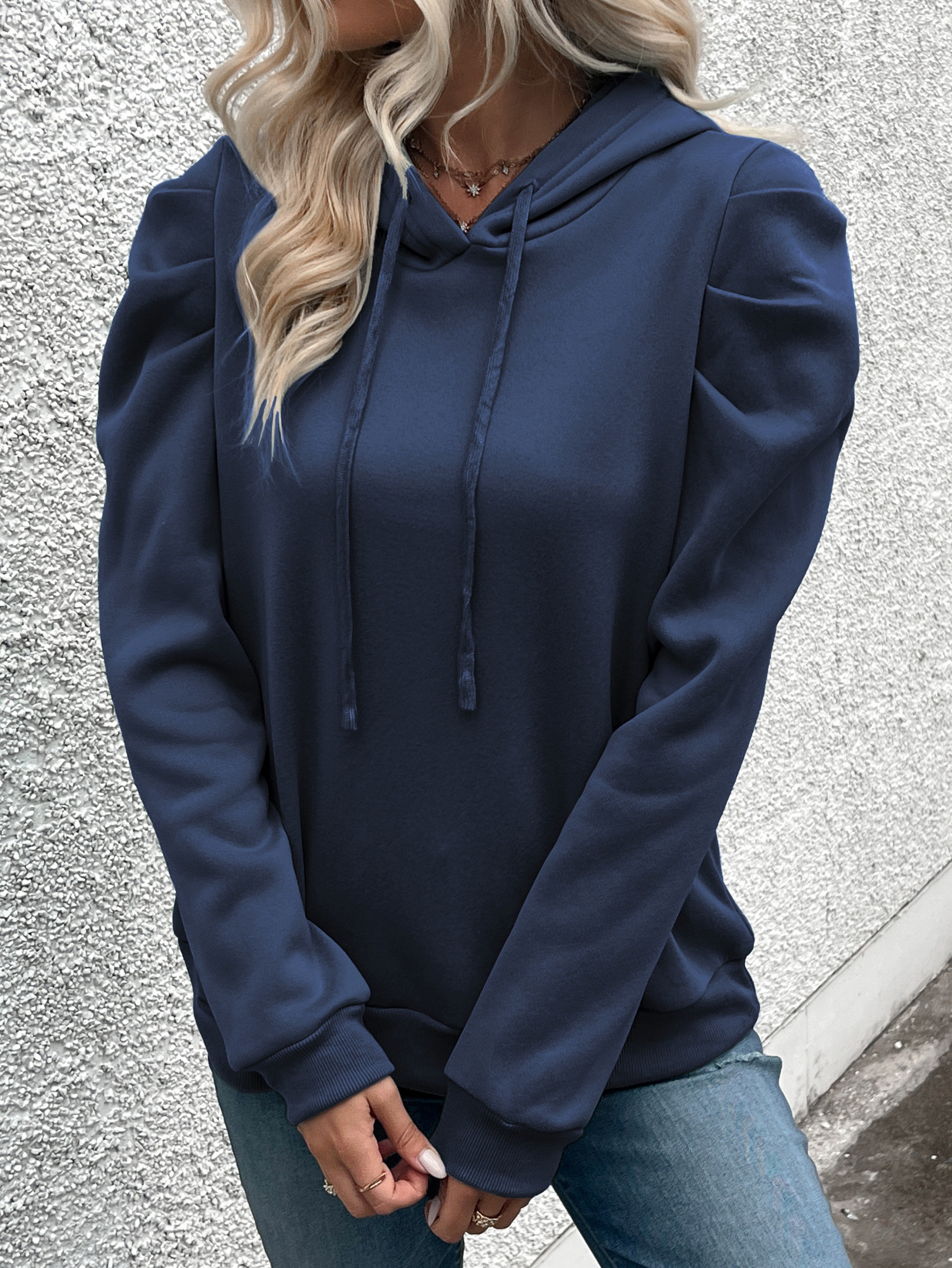 solid color drawstring hoodie casual puff sleeve hoodie sweatshirt womens clothing details 8