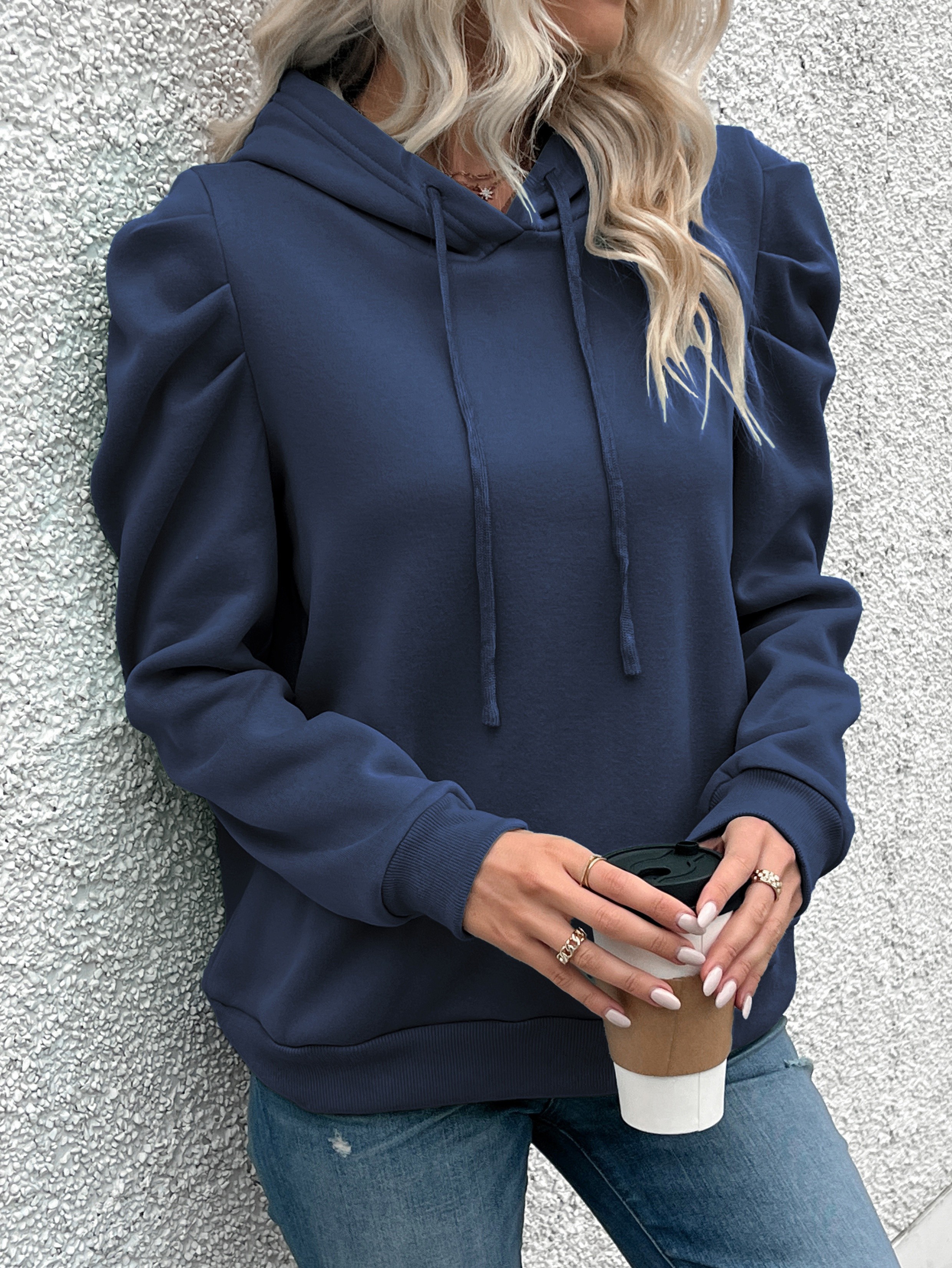 solid color drawstring hoodie casual puff sleeve hoodie sweatshirt womens clothing details 9