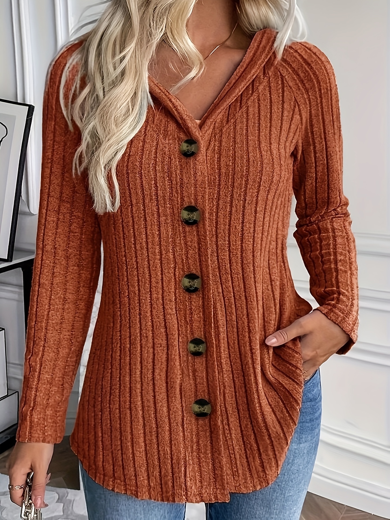 ribbed knit button front hoodie casual long sleeve jacket womens clothing details 0