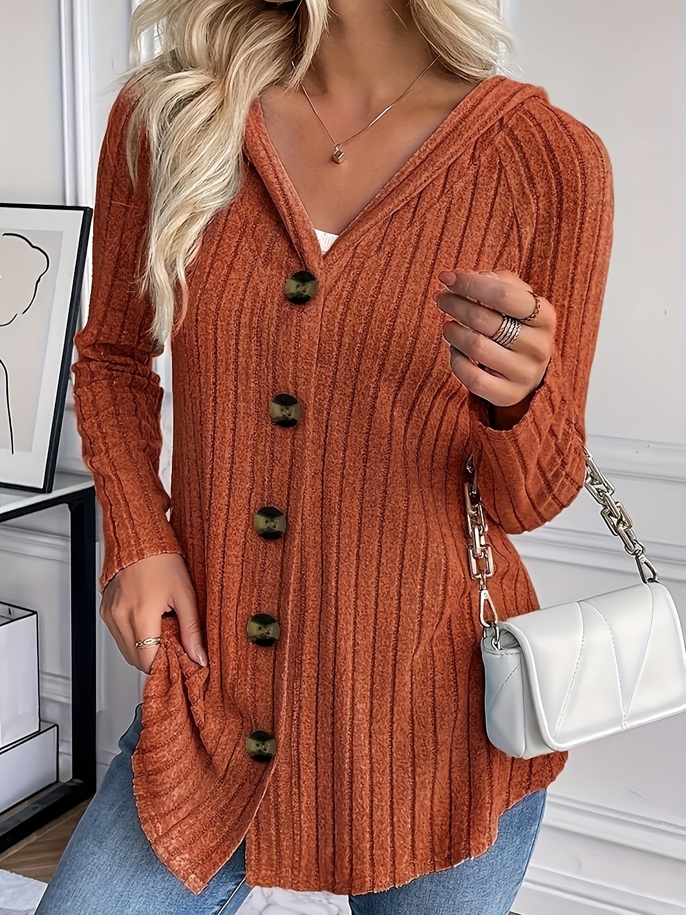 ribbed knit button front hoodie casual long sleeve jacket womens clothing details 3