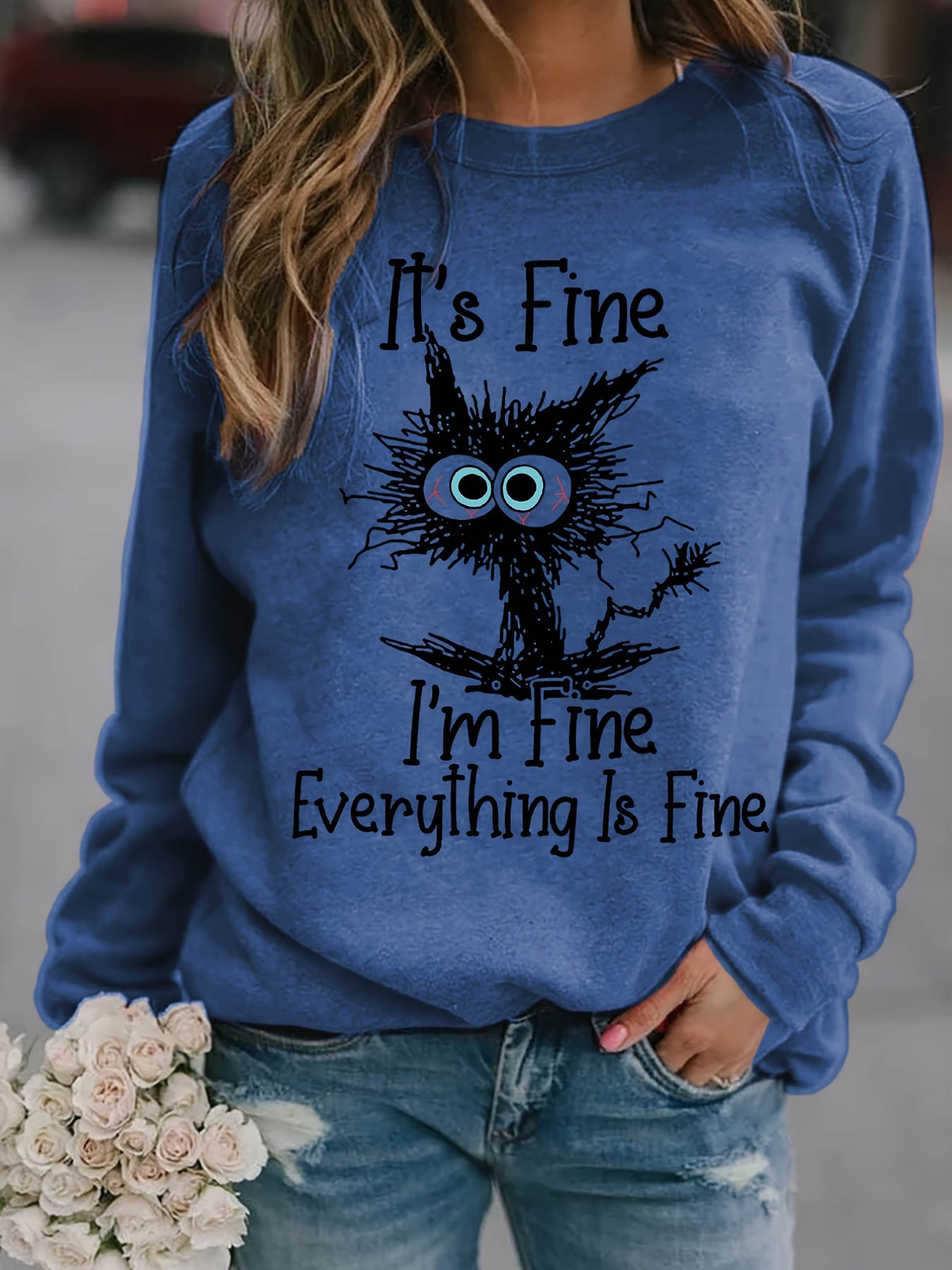 its fine cartoon cat print sweatshirt long sleeve crew neck casual sweatshirt for winter fall womens clothing details 15