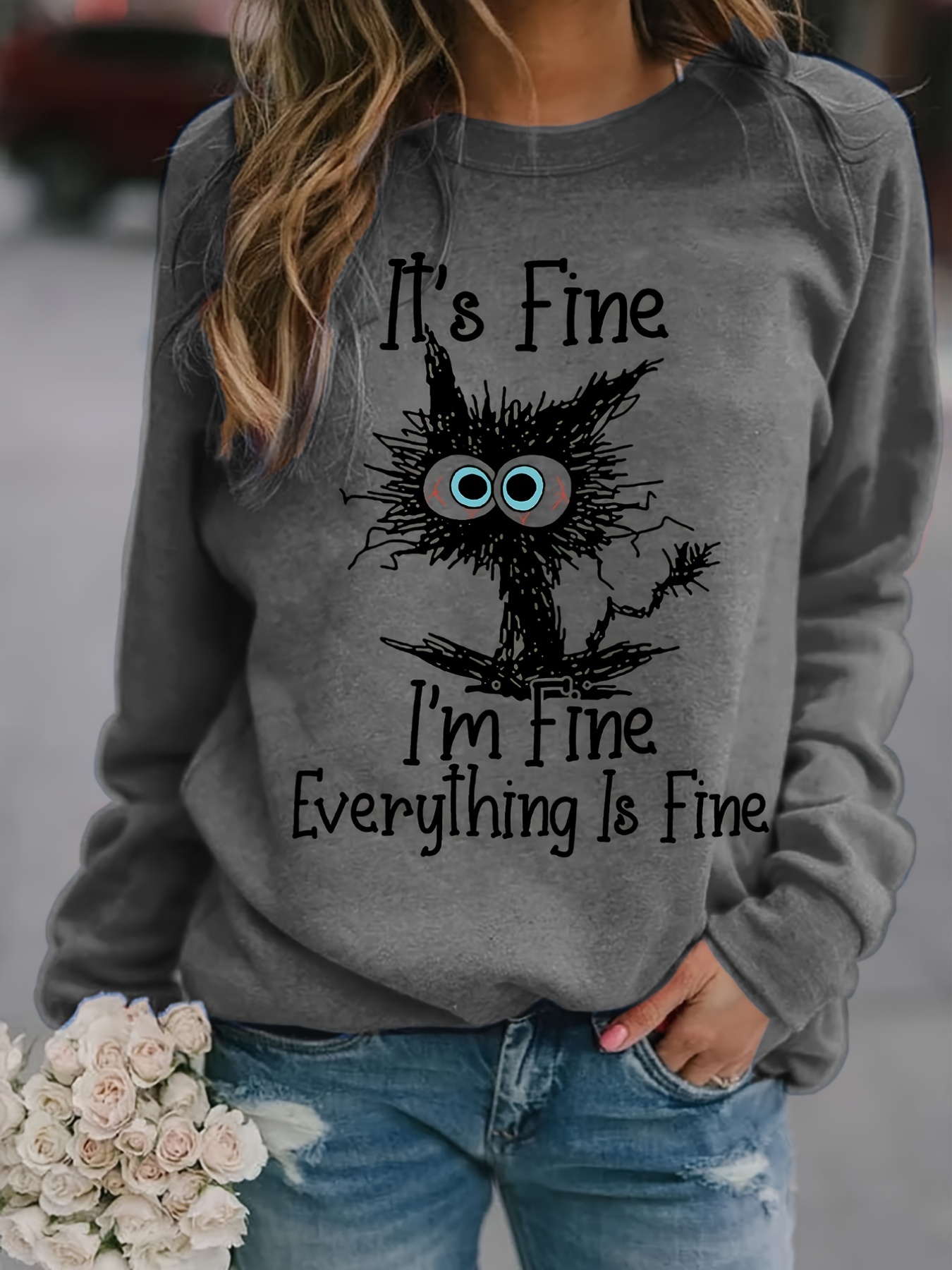 its fine cartoon cat print sweatshirt long sleeve crew neck casual sweatshirt for winter fall womens clothing details 21