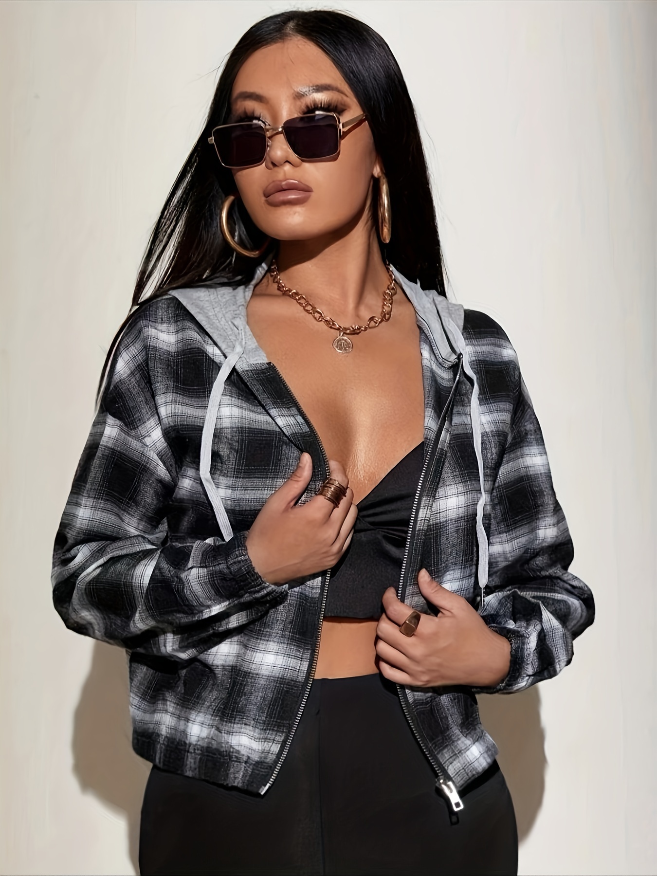 plaid print zip up hoodie casual long sleeve drawstring hoodie jacket womens clothing details 0