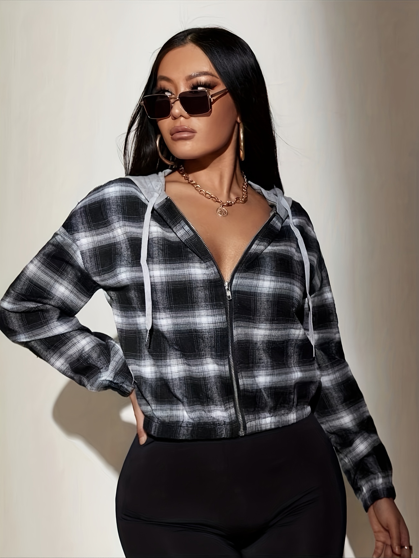 plaid print zip up hoodie casual long sleeve drawstring hoodie jacket womens clothing details 2