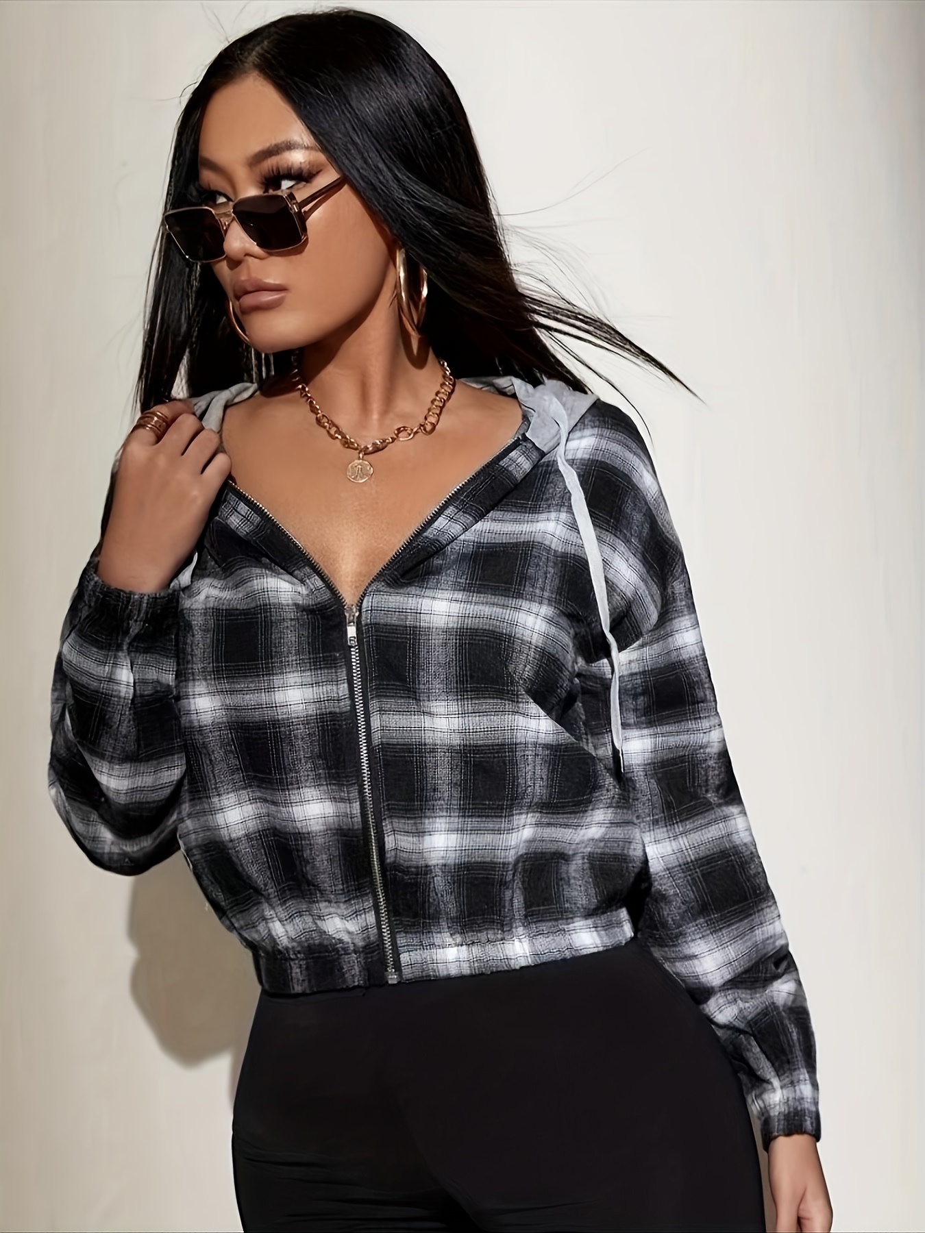 plaid print zip up hoodie casual long sleeve drawstring hoodie jacket womens clothing details 3