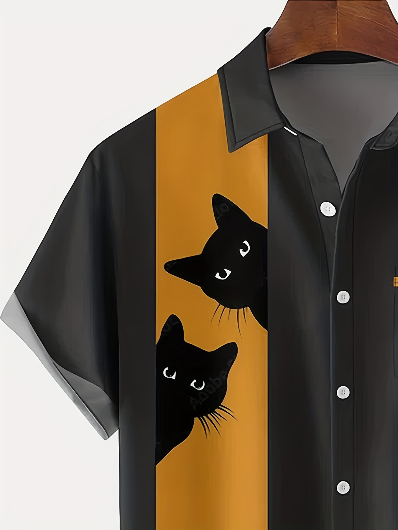 halloween black cats print color block mens summer short sleeve lapel shirt with chest pocket details 2