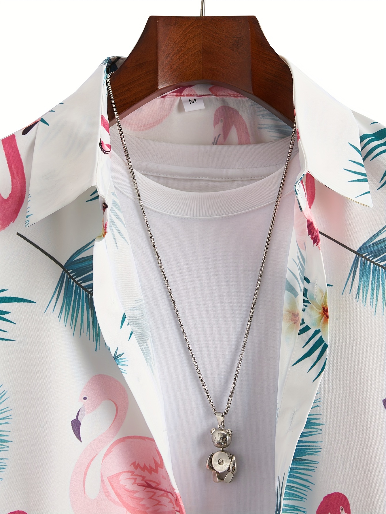 bohemian style flamingo leaf print mens short sleeve lapel shirt summer beach vacation details 3