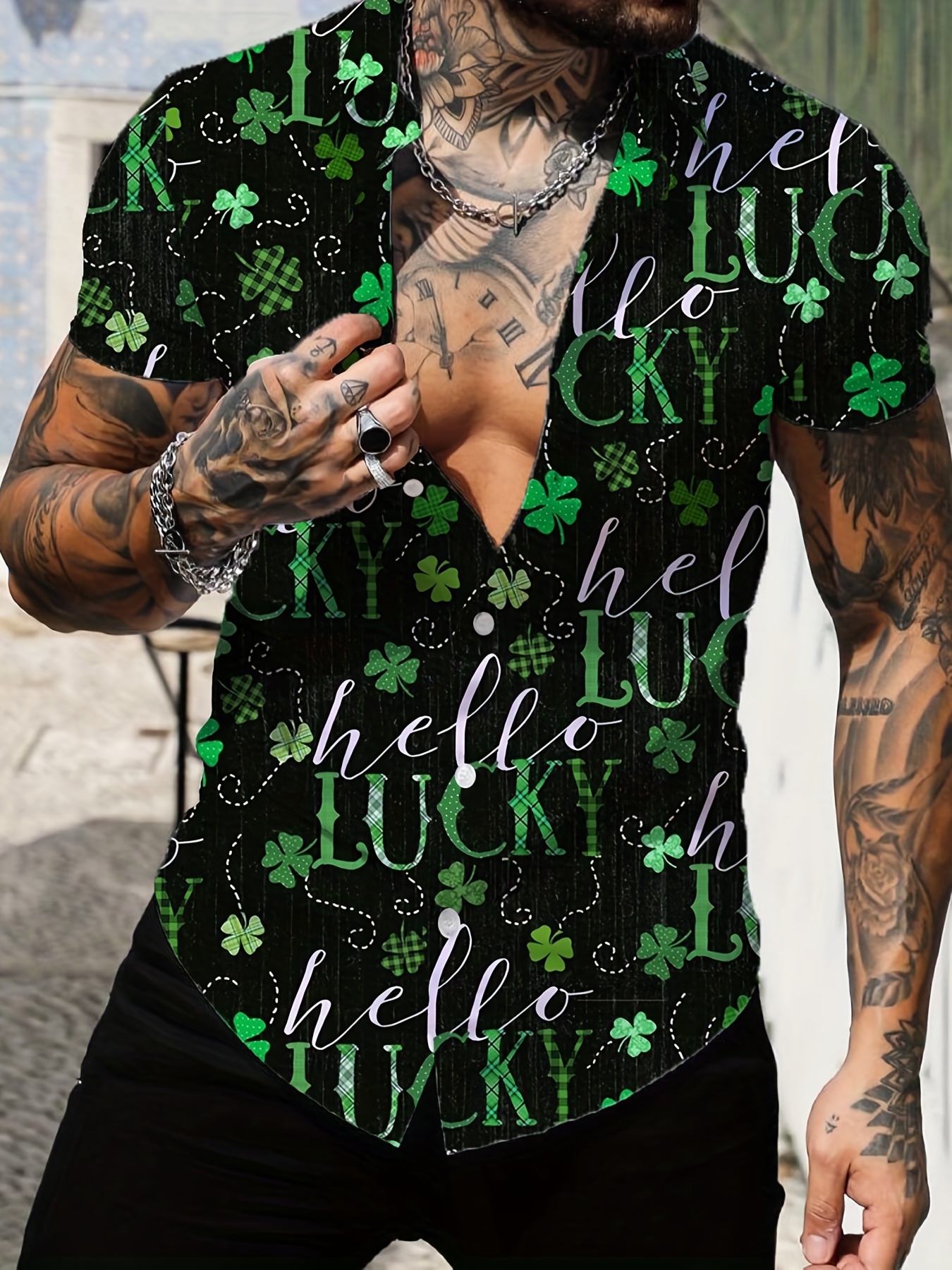 shamrock element st patricks day various print mens casual short sleeve shirt mens shirt for summer vacation resort tops for men gift for men details 7