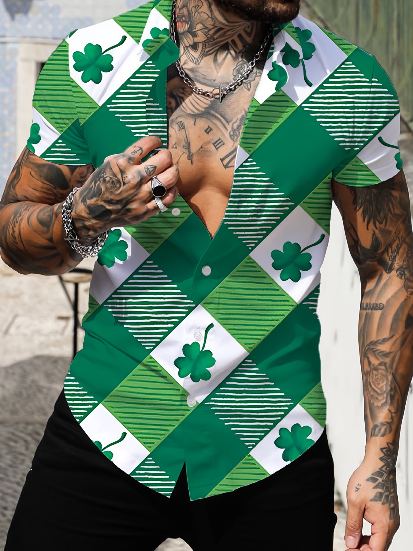 shamrock element st patricks day various print mens casual short sleeve shirt mens shirt for summer vacation resort tops for men gift for men details 12