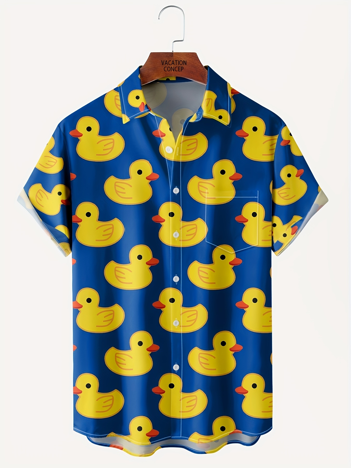 cute duck print mens casual short sleeve shirt with chest pocket mens shirt for summer vacation resort tops for men details 0