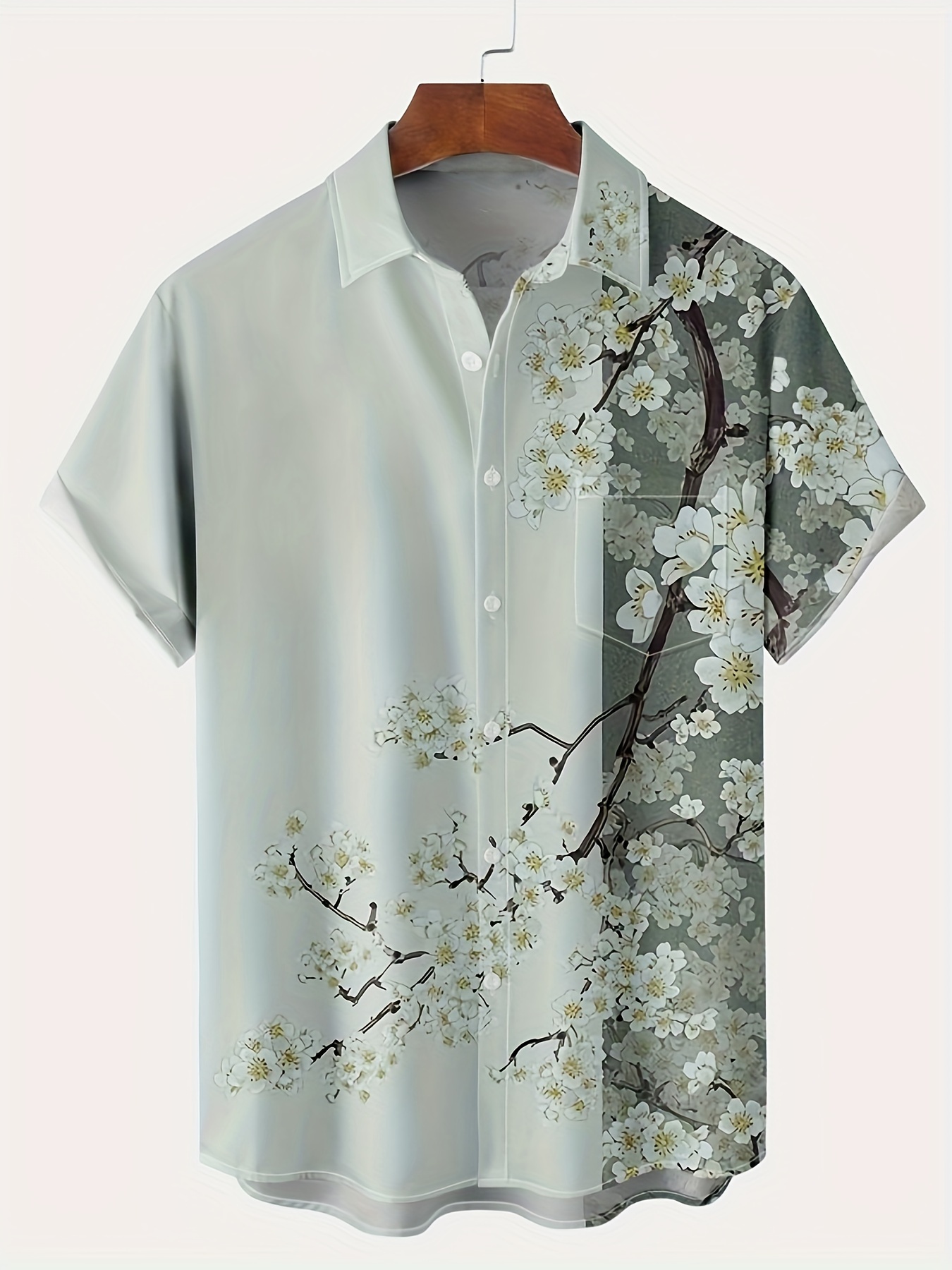 floral sakura print mens casual short sleeve shirt with chest pocket mens shirt for summer vacation resort tops for men details 1