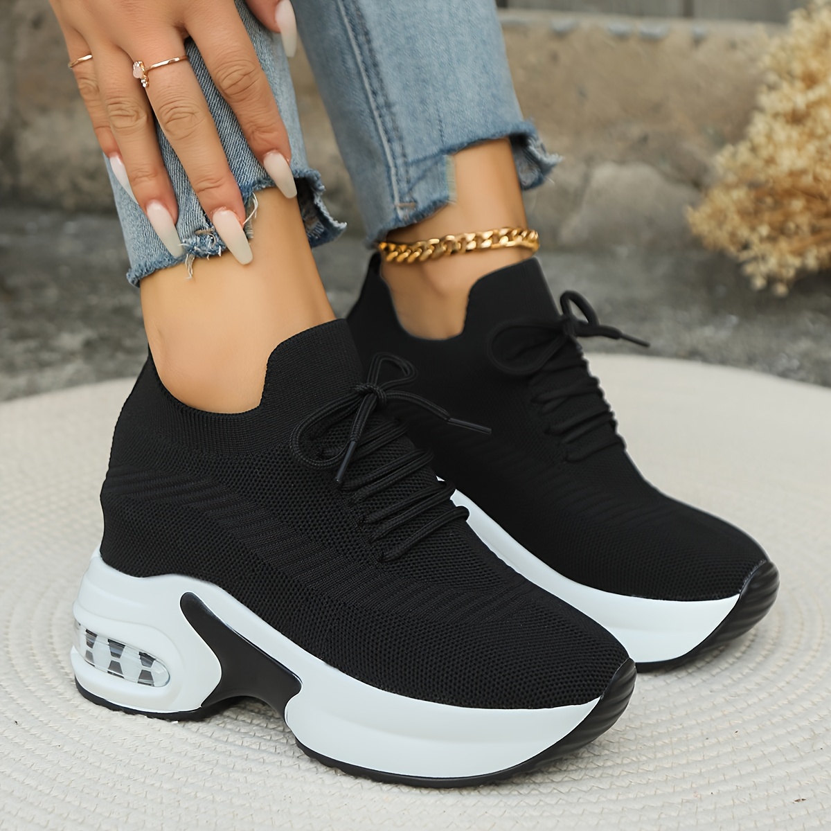 sock sneakers women s solid color lace soft sole platform details 1